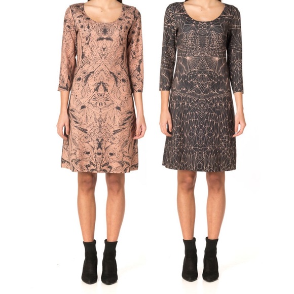 Animapop reversible A-line 3/4 sleeve beige and black knee length dress - Picture 1 of 10